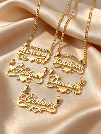 Personalized custom name jewelry necklace, featuring 5 different styles, crafted from 18k gold stainless steel, perfect for ever