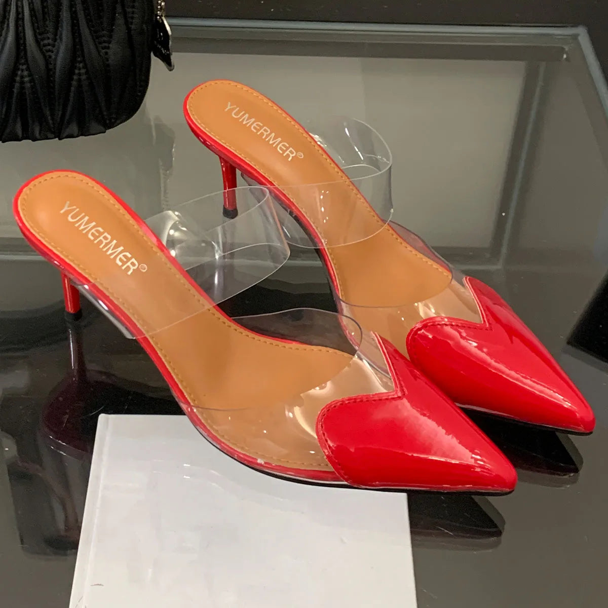 Clear Heart Heeled Mules Sandals Transparent PVC Pointed Toe Slip On Clear Heeled Sandals Party Prom Dress 7.5cm High Heel Mules