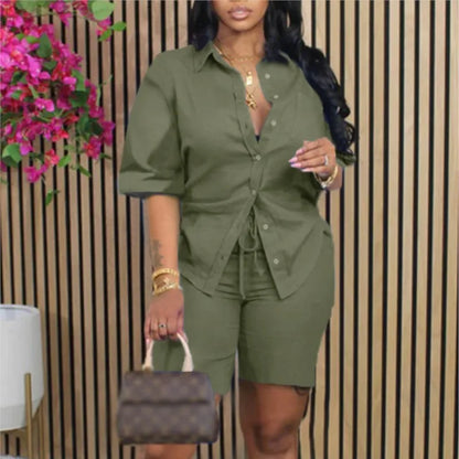 Women Casual Blue Shirt And Shorts Two Piece Sets Summer Button Short Sleeve Loose Shirts Tops Shorts 2pcs Set Outfits Clothes
