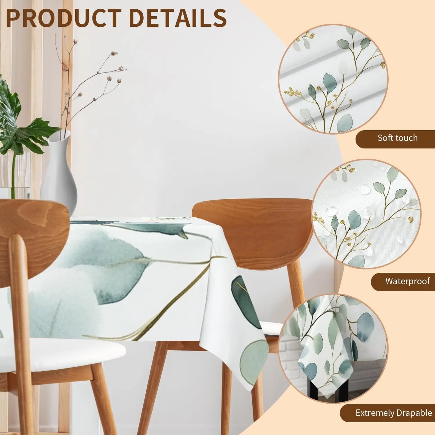 Green Leaves Square Tablecloth Waterproof Decorative Botanical Table Cloth Cover for Home Kitchen Dining Party Picnic Outdoor