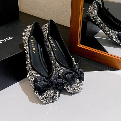 Plus Size 35-43 Women Shoes Flat Heel Wedding Party Shoes Square Toe Office Lady Shoes Pearls Crystal Diamonds Decoration