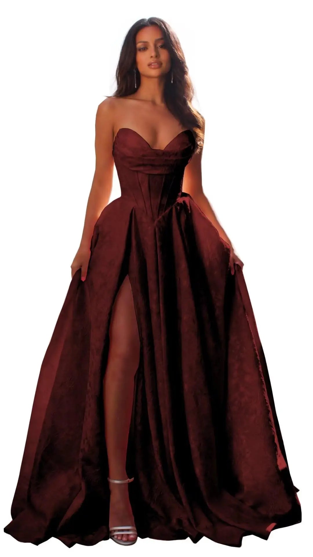 Jacquard Satin Prom Dresses with Slit Strapless Corset A Line Long Formal Gowns Party Evening Gown Formal Dress Women Elegant