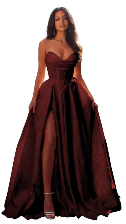 Jacquard Satin Prom Dresses with Slit Strapless Corset A Line Long Formal Gowns Party Evening Gown Formal Dress Women Elegant