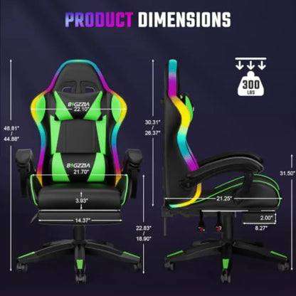 RGB gaming chair with footrest and lumbar massage for adult/kid, green fabric, ergonomic support and adjustable comfort
