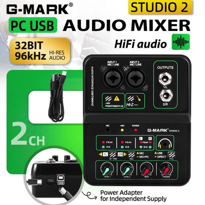 G-MARK Studio 2 Mini 2-Channel Audio Mixer with 48V Phantom Power 32-bit 96kHz Sound Interface for Recording Podcasting Live Streaming And DJ Parties