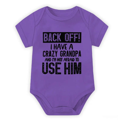 Cute Cotton Baby Bodysuit with "Back Off! I Have A Crazy Grandpa" Print Short Sleeve Baby Girl Boy Jumpsuit Kids Cotton Clothes
