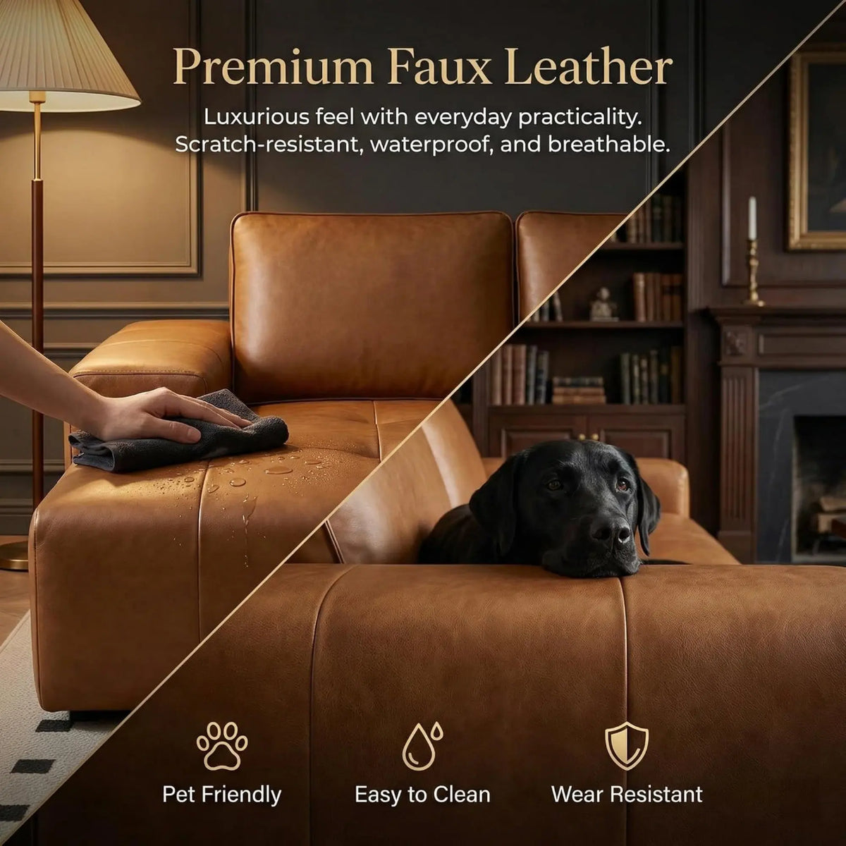 114" Cloud Sectional Sofa with Chaise, L-Shaped Modular Faux Leather Couch, Boneless Deep Seat Sofa No Assembly Needed for Living Room Apartment Bedroom, Brown