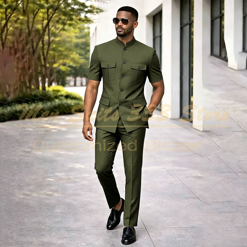 Summer Safari Men's Suits Fashion Regular Fit Short Sleeve Blazer Elegant Luxury Single Breasted 2 Piece Jacket Pants Outfits
