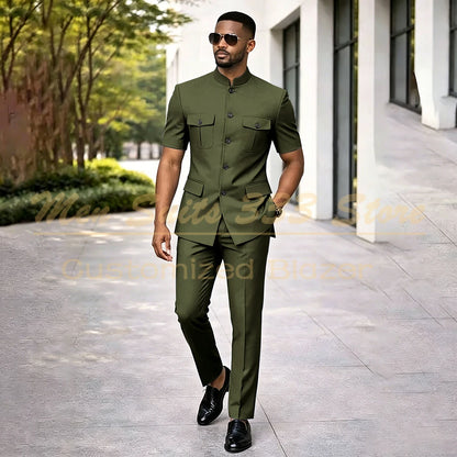 Summer Safari Men's Suits Fashion Regular Fit Short Sleeve Blazer Elegant Luxury Single Breasted 2 Piece Jacket Pants Outfits