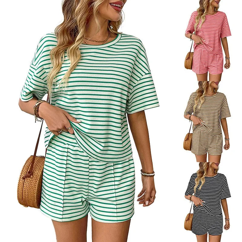 Summer Women's Suit Shorts Cotton Crop Top Short Pants High Waist Pleated Front Green White Striped Casual Shorts