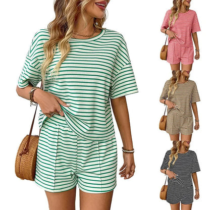 Summer Women's Suit Shorts Cotton Crop Top Short Pants High Waist Pleated Front Green White Striped Casual Shorts