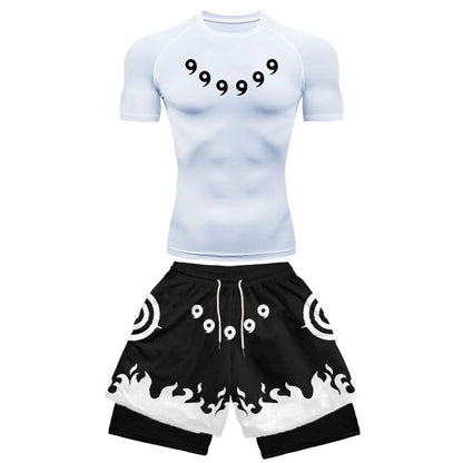 Anime Compression Set Running Sport Fitness Suit for Men Quick Dry Compression Shirt+Gym Shorts 2PCS Workout Summer Sportwear