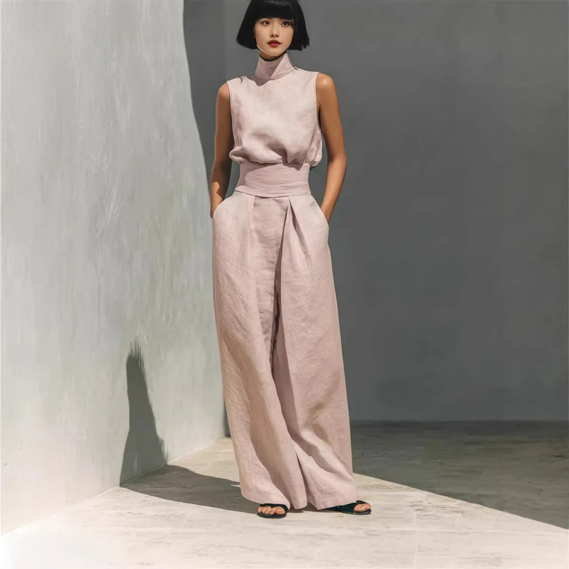 2026 Women 2 Piece  Outfit, Sleeveless High Neck Blouse & High Waist Wide Leg Pants Set, Elegant Office Commuter Matching Suit W