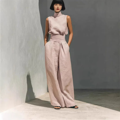 2026 Women 2 Piece  Outfit, Sleeveless High Neck Blouse & High Waist Wide Leg Pants Set, Elegant Office Commuter Matching Suit W