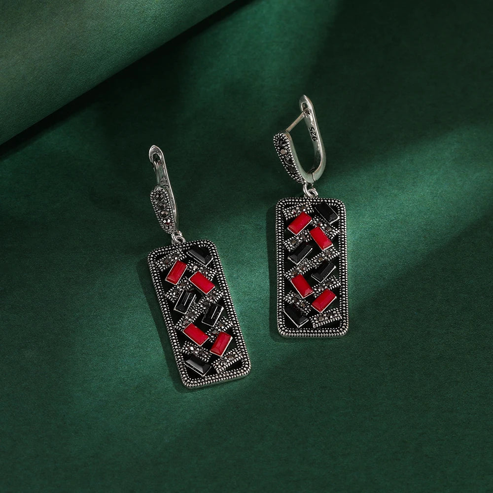 Ajojewel Black/Red Green Bohemian Jewelry Set For Women Colorful Zircon Crystal Geometric Ring Earrings Necklace & Pendant