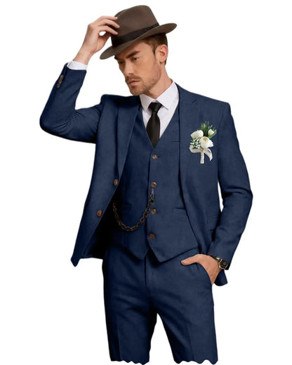 Men's 3 Piece Linen Suit, Slim Fit Notch Lapel Single Breasted Blazer Vest Pants Set Breathable Casual Business Wedding Suit