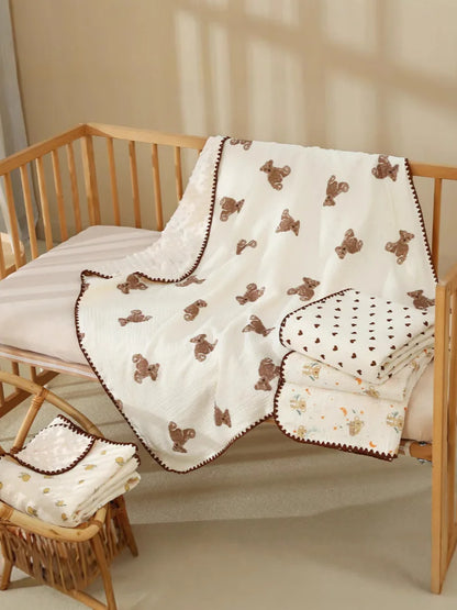 Newborn Bear Print Blanket Pure Cotton Double Gauze Blanket Baby Blanket Bath Towel Baby Blanket Baby Swaddle 100X100CM