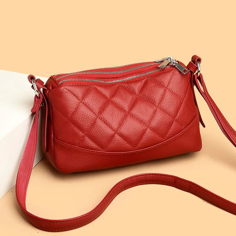 Real leather triple zipper women's large capacity shoulder bag lightweight Rhombus commuting crossbody bag