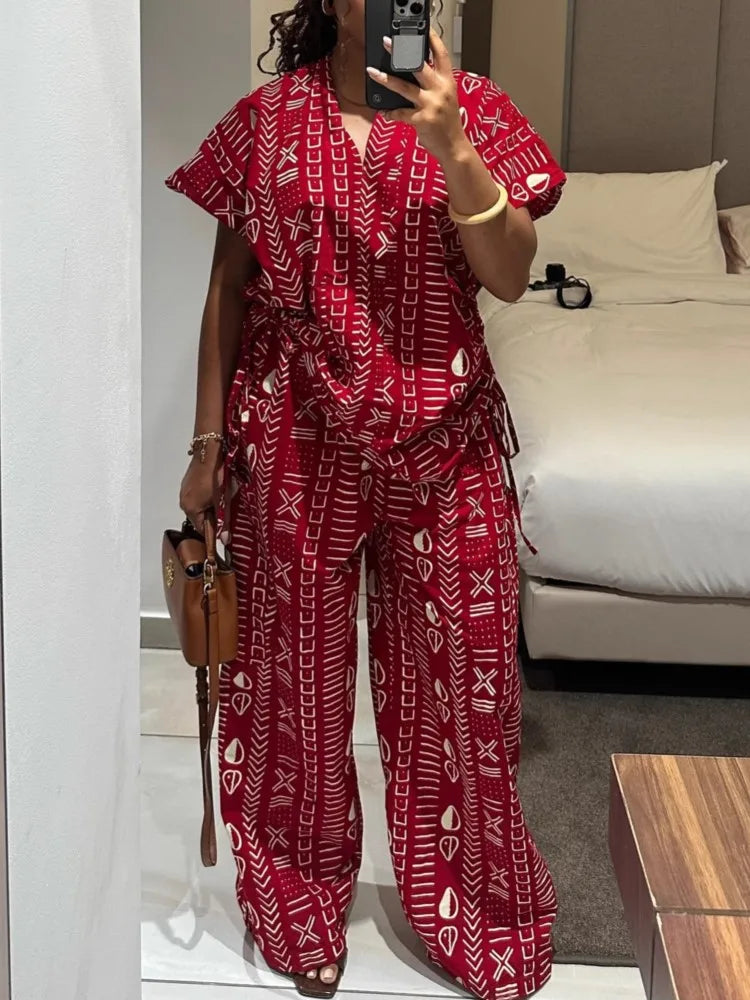 New Fashion Printed Two-piece Set Women's Loose Casual Short-sleeved Drawstring Waist Slimming V-neck Shirt Wide-leg Pants Sets