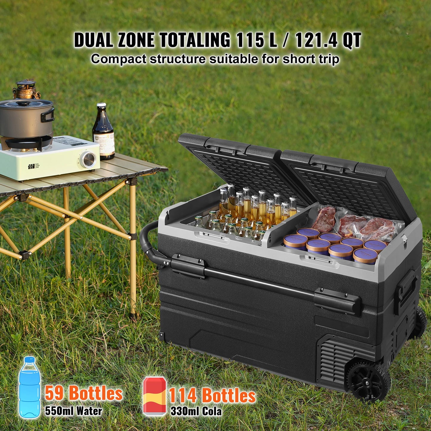 SucceBuy 115L Car Refrigerator Car Refrigerator Fridge Dual Zone Freezer with Wheels and Handle -4℉-68℉ 12/24V DC