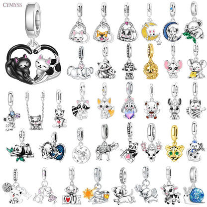Hot Sale 925 Sterling Silver Dog Cat Cute Pet Animals Pendant Birthday Party Gift for Women Bangle Bracelet Necklace DIY Jewelry