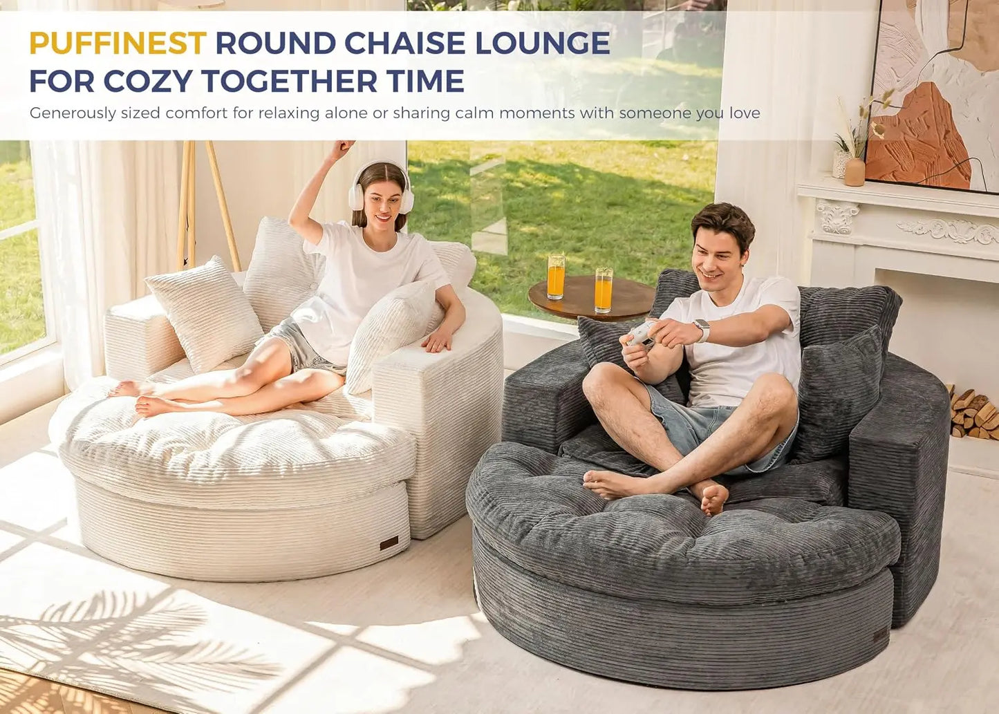 Oversized Round Chaise Lounge Sofa, Boneless Chair with Ottoman | Beige Upholstered Reading Chair Has a Deep Seat and 3, Custom