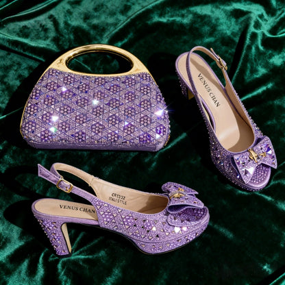 Venus Chan 2026 Elegant Women's Rhinestone Peep Toe High Heels Sandals - Italian Design with Matching Blue Handbag