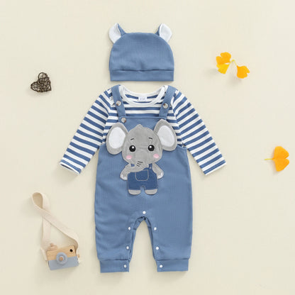 Cute Infant Newborn Baby Boys 3Pcs Outfit Cute Baby Clothes Long Sleeve Striped Romper Animal Embroidery Overalls Hat Clothes