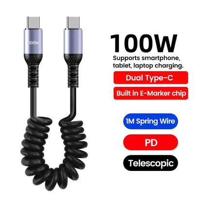 66W 100W Type C TO Type C Cable For iPhone 15 Huawei Xiaomi Samsung Car Spring Cable 6A Short Fast Charging USB C Cable