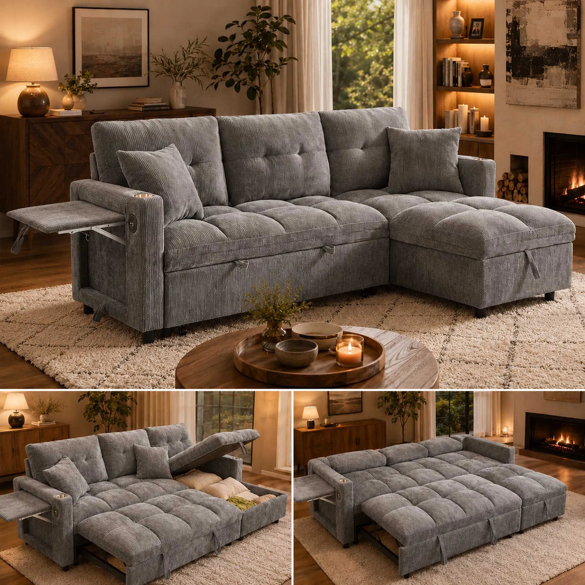 81.8" L-Shaped Sleeper Sofa with Pull Out Bed, Convertible Sectional Couch with Storage Chaise, USB/Type-C Charging and Cup Holders, Plush Chenille Modular Sofa for Living Room, Blue
