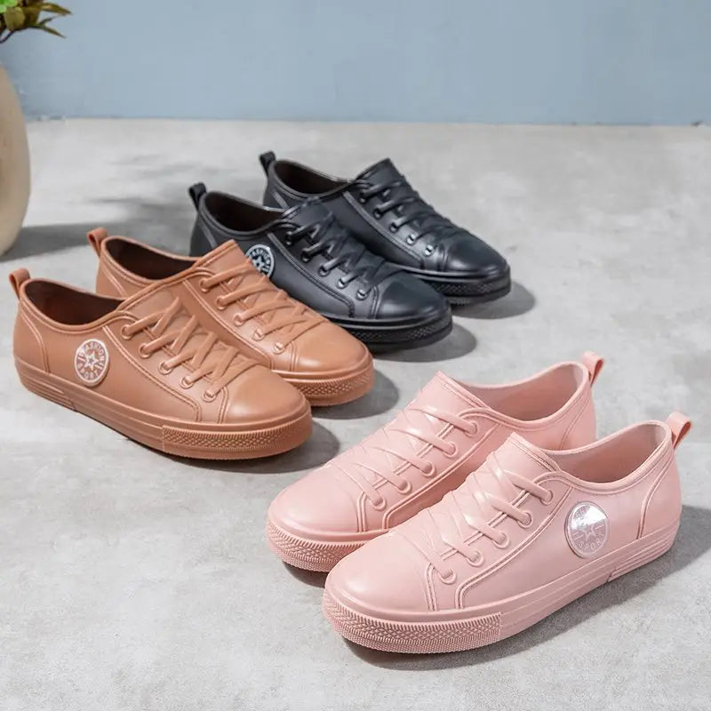 Pink Faux Fur Lined Rain Shoes Women's Warm Low Top Galoshes Woman Winter Waterproof Rubber Shoes Ladies Restaurant Work Flats