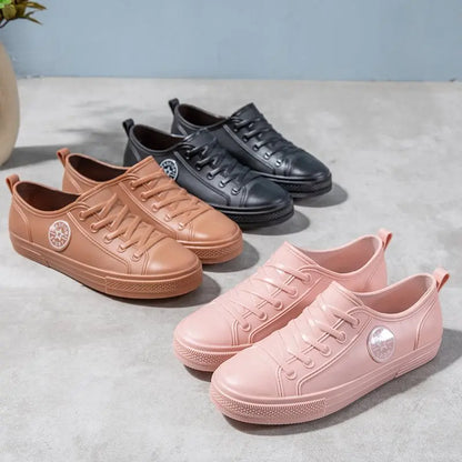 Pink Faux Fur Lined Rain Shoes Women's Warm Low Top Galoshes Woman Winter Waterproof Rubber Shoes Ladies Restaurant Work Flats
