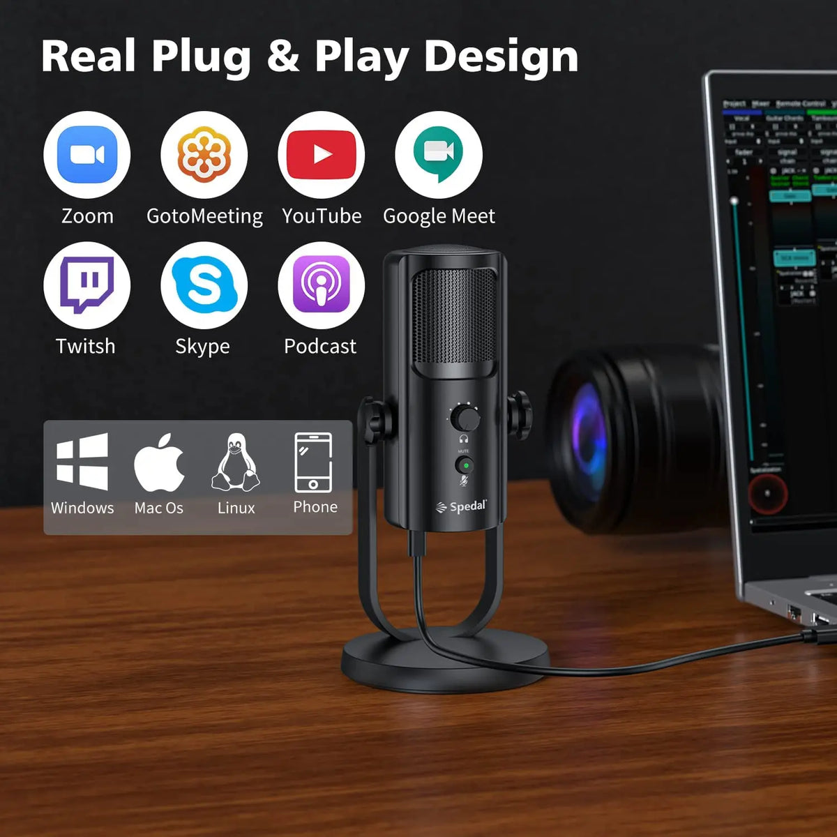 USB Microphone for PC Mac Gaming Recording Stream Podcast, Computer Condenser Mic with Phone Adapter Headphone Output
