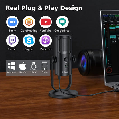 USB Microphone for PC Mac Gaming Recording Stream Podcast, Computer Condenser Mic with Phone Adapter Headphone Output