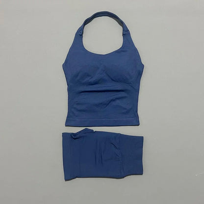 2 Pieces Shorts Yoga Set Women Backless Halter Tops High Waist Seamless Shorts Gym Suit Fitness Sportswear Workout Sets