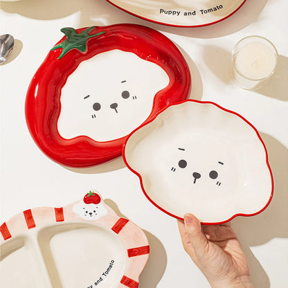 SHUNXIANG Tomato Puppy Ceramic Tableware Set Cute Cartoon Print Plates Soup Bowl Salad Pasta Microwave Safe Kitchen Dinnerware
