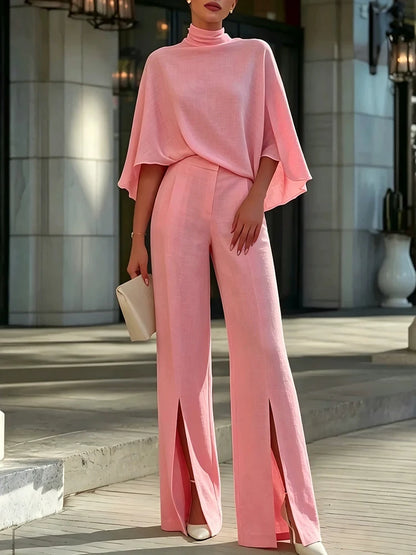 Summer Chiffon Women's 2 Piece Temperament Solid Color Half Sleeve Tops And Pants Sets Elegant High Waist Wide Leg Pants Outfits