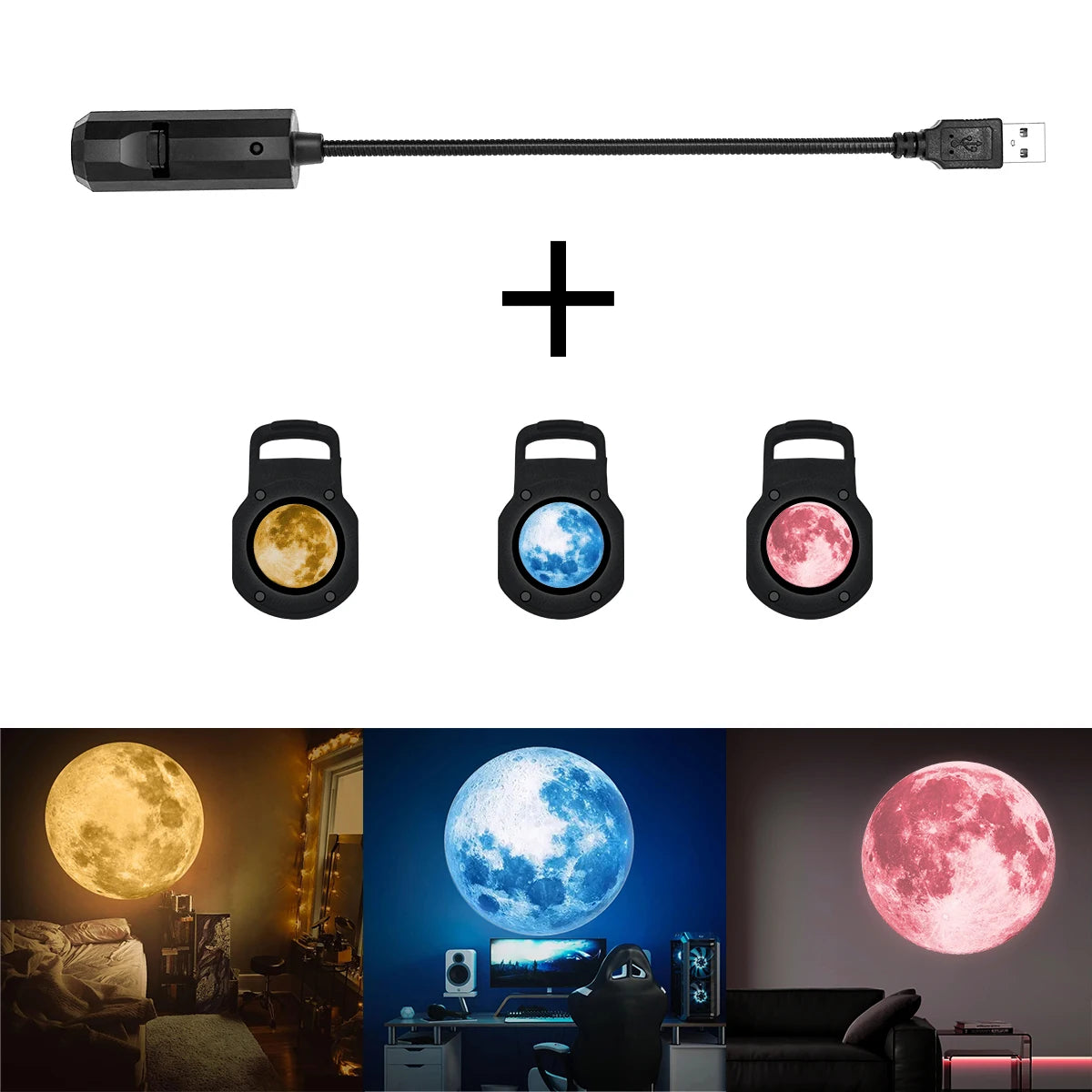 1 piece + 3 pieces of moon projection lamp, romantic home atmosphere lamp, USB lamp, bedside lighting night light