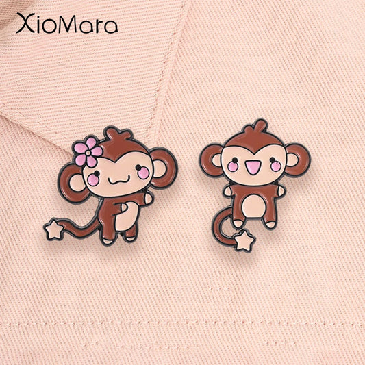 Cute Monkey Enamel Pins Cartoon Star Tail Ape Floral Kawaii Animal Brooches Lapel Backpack Badge Fashion Jewelry Gift for Friend