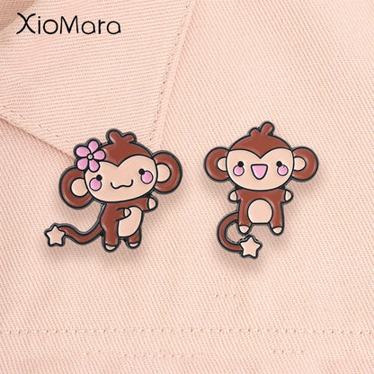 Cute Monkey Enamel Pins Cartoon Star Tail Ape Floral Kawaii Animal Brooches Lapel Backpack Badge Fashion Jewelry Gift for Friend