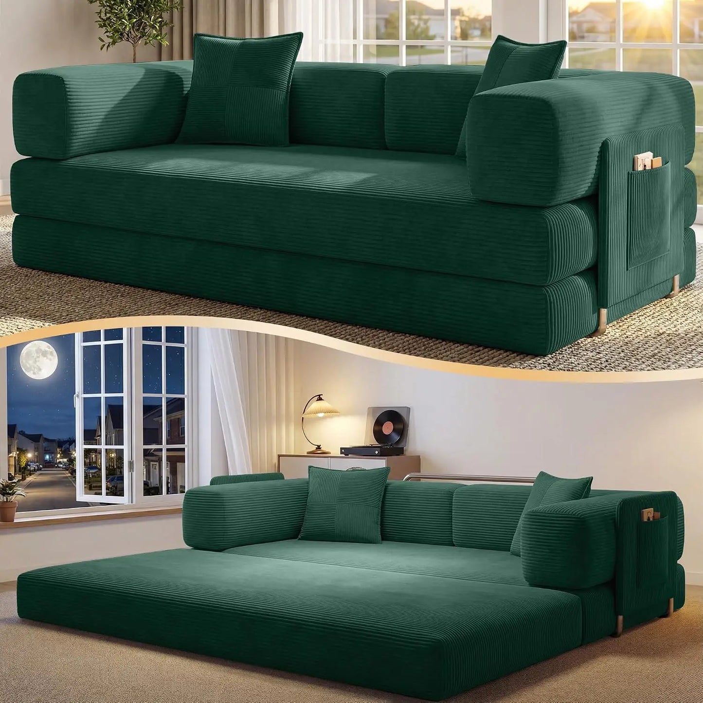 78.8" Convertible Futon Sofa Bed, Boneless Couch for Living Room | Corduroy Boneless Loveseat Sleeper Sofa, Modular, Customized