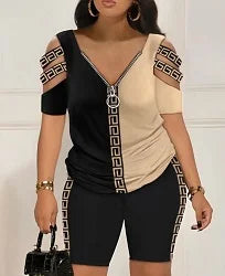 Cold Shoulder T Shirt Shorts Set Women 2 Piece Set Zipper V Neck Womens Short Pants Set Casual Femme Top Set Summer Suit