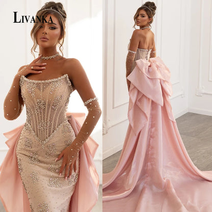 LIVANKA Exquisite Mermaid Prom Dress Rhinestones Corset Bowknot Lacing Up Strapless Royal Train Vestido De Formatura Customized