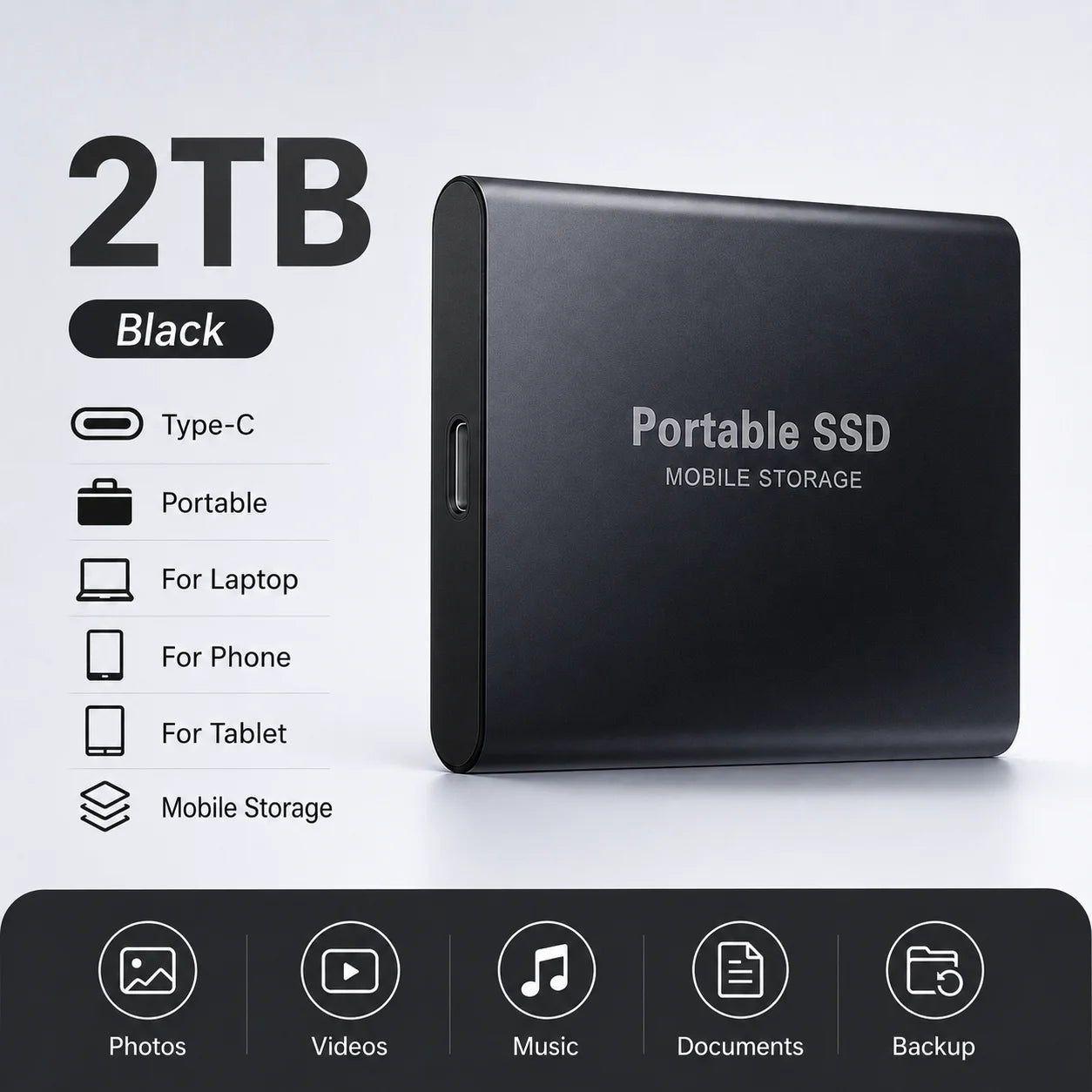 Space Efficient External Hard Drive 2TB Portable Mobile Hard Disk for Family Daily Photo Saveing PC Laptop