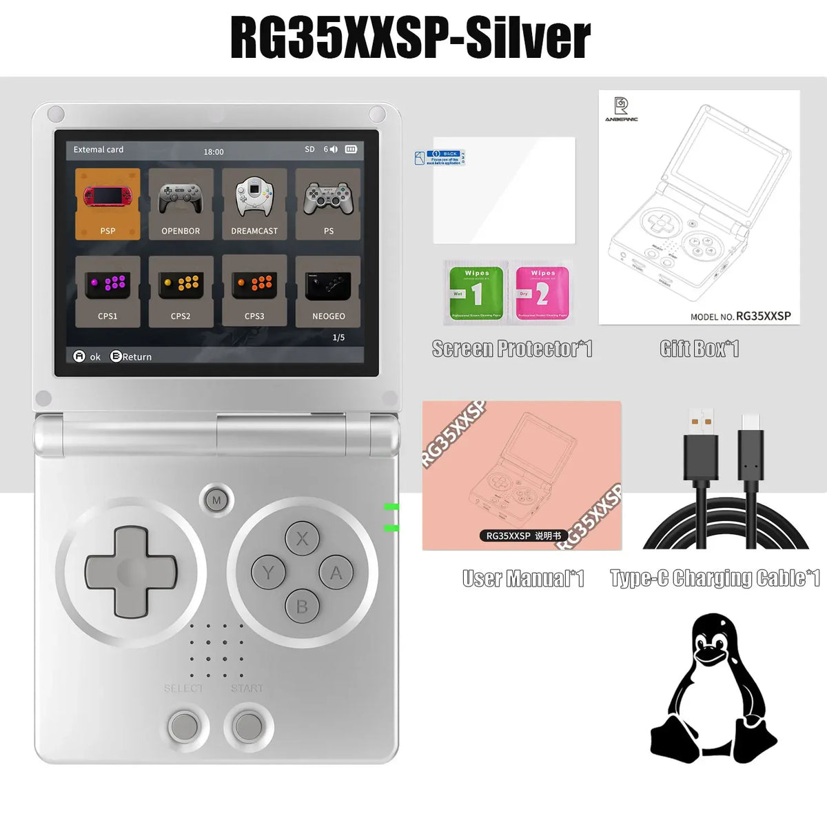 ANBERNIC RG35XXSP FILP 3.5 Inch IPS Screen Retro Game Console 64GB Built-in TF Card 3300mAh Battery Linux System HD TV Output Support Classic Casual Gaming  Built-in Hall Switch Chip