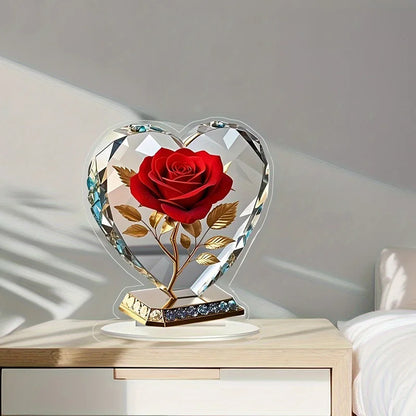 2D Acrylic Red Rose Ornament Mother's Day Gift Heart Shaped Desktop Decoration Ornaments Creative Birthday Valentine's Day Gift
