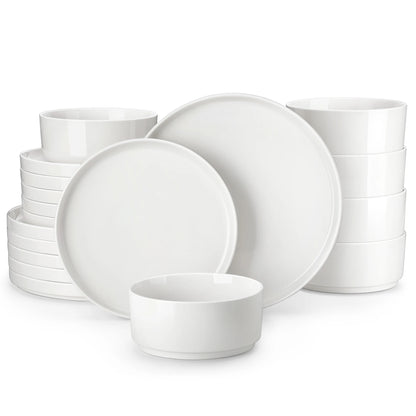MALACASA 12/16/18/24 Piece Dinner Plates Sets Black Rim Half Standing Edge Dinnerware with 4/6PCS Dinner Plate/Dessert/Soup/Bowl