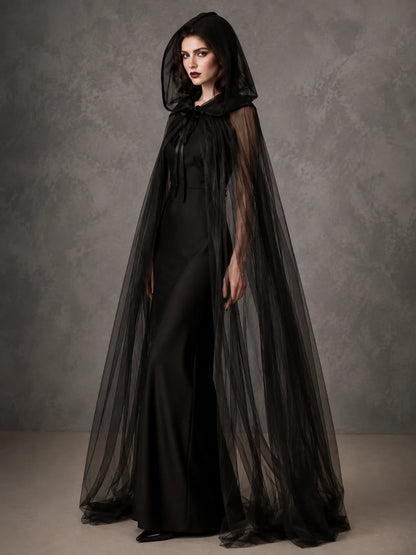 Sheer Tulle Hooded Full‑Length Cape for Women, Lightweight Flowy Gothic Cloak with Neck Tie, Halloween Witch Vampire Cosplay Costume Accessory for Fancy Dress Party Photo Shoot