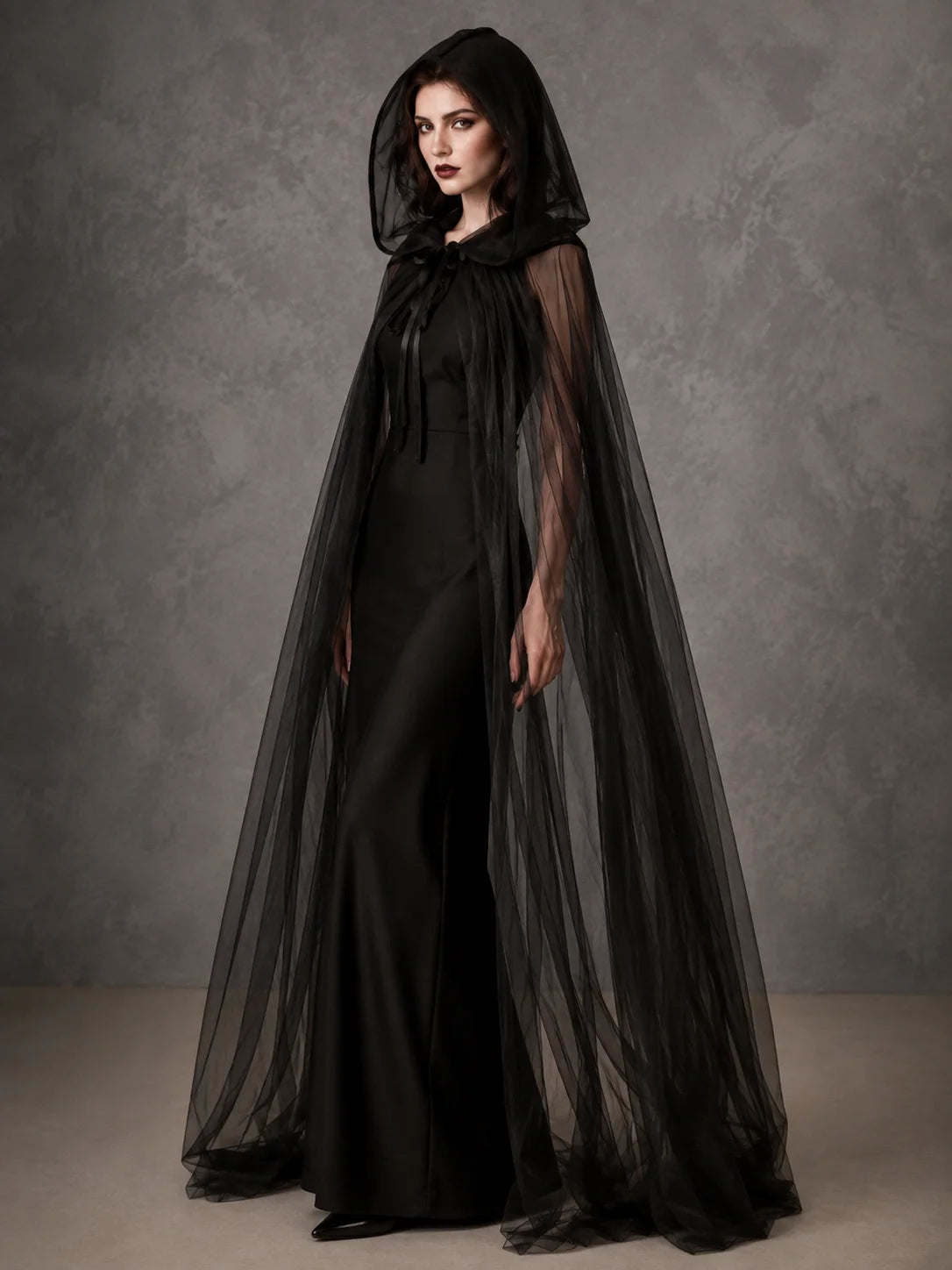 Sheer Tulle Hooded Full‑Length Cape for Women, Lightweight Flowy Gothic Cloak with Neck Tie, Halloween Witch Vampire Cosplay Costume Accessory for Fancy Dress Party Photo Shoot