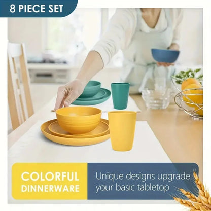32 Pcs Kitchen Wheat Straw Dinnerware Set, Service For 8, Plastic Reuasble Dinner Dishes Serving Plate Set For Kitchen, Including Dinner Plate, Dessert Plates, Bowl, Cup